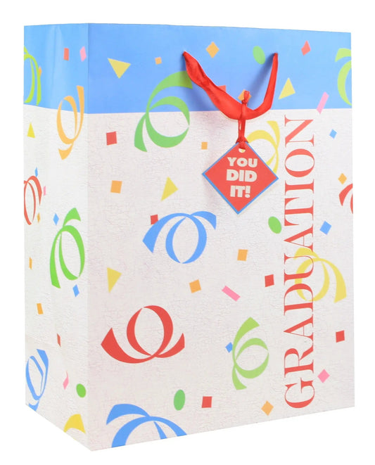 Confetti Graduation Gift Bag with red ribbon handles and YOU DID IT tag on Tampa Home & Garden Store