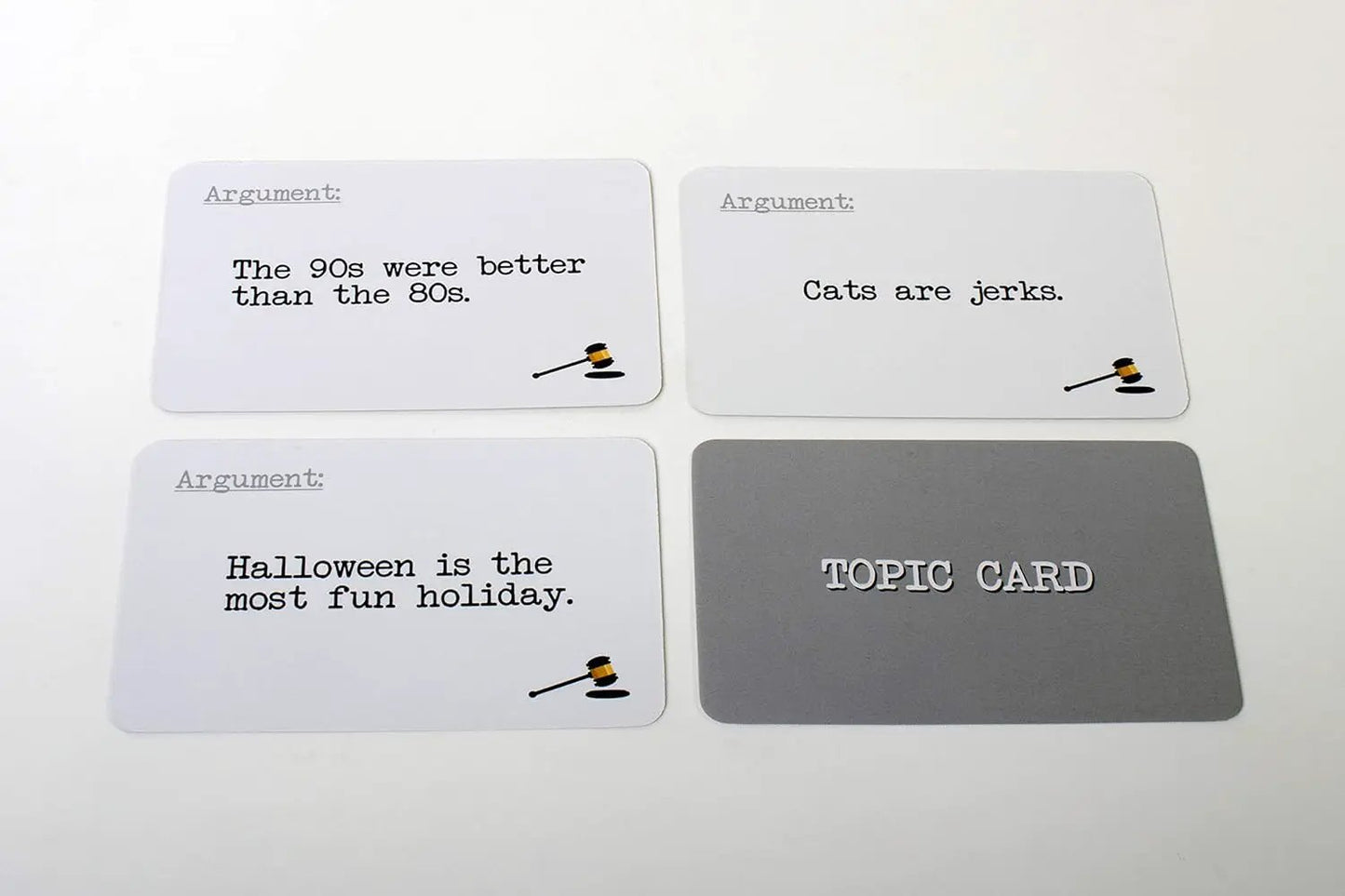 I Dissent Board Game Court of Public Opinion - four light gray topic cards with gavel icons on Tampa Home & Garden Store