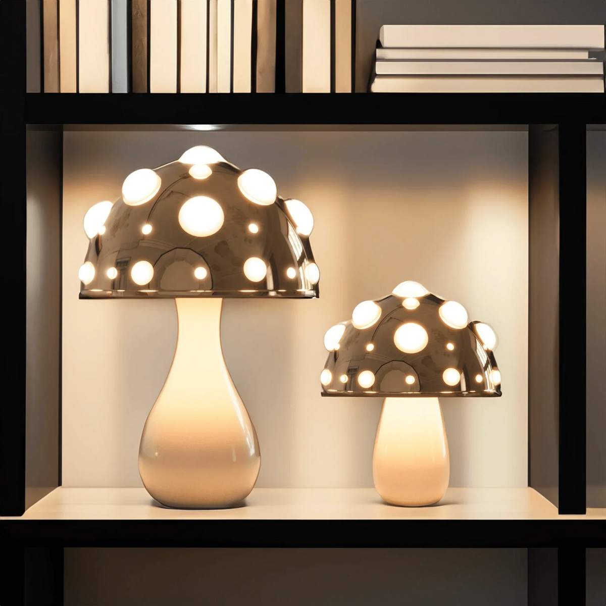 Two Zitake gold mushroom LED table lamps by Moktan Sabai, cordless/corded, warm glow on shelf on Tampa Home & Garden Store
