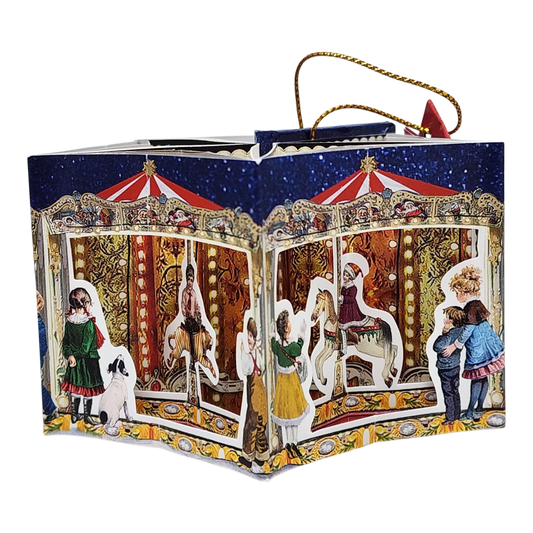 Popup Mini Book Ornament Frohe Weihnacht with blue carousel box and gold cord hanger on Tampa Home & Garden Store