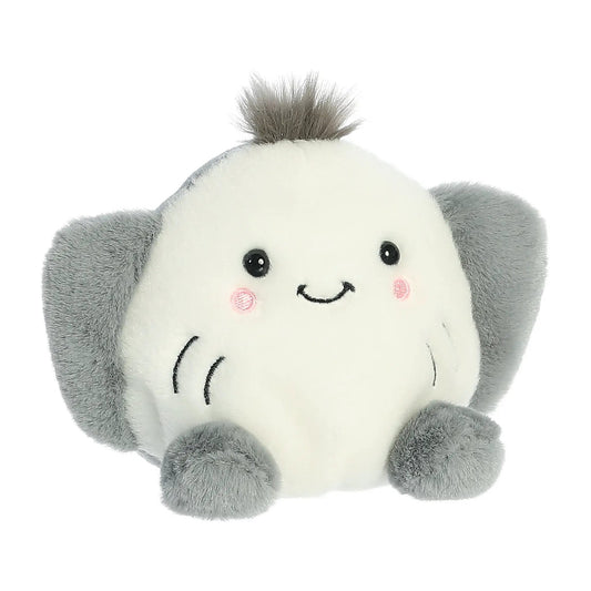 Flapjack Stingray Palm Pal plush toy with white body and gray fins, tufted gray top on Tampa Home & Garden Store