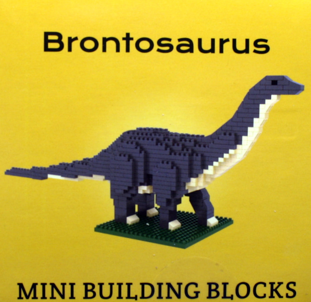 Mini Brontosaurus Building Blocks Kit with dark blue body on green baseplate on Tampa Home & Garden Store