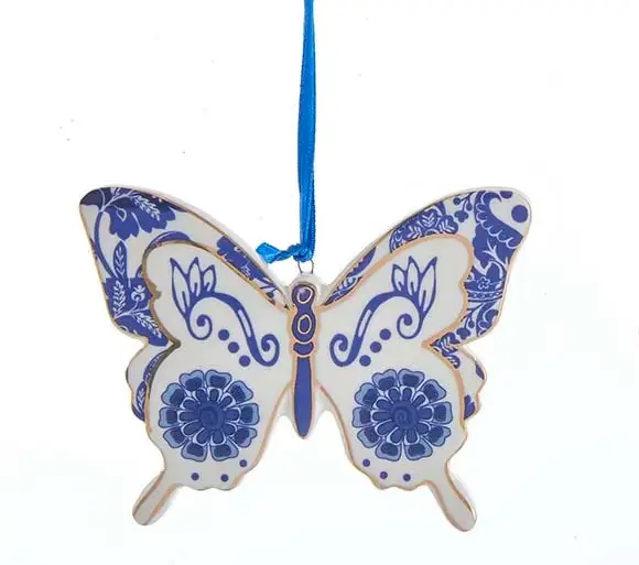 Indigo porcelain butterfly ornament with blue floral pattern and gold accents on Tampa Home & Garden Store