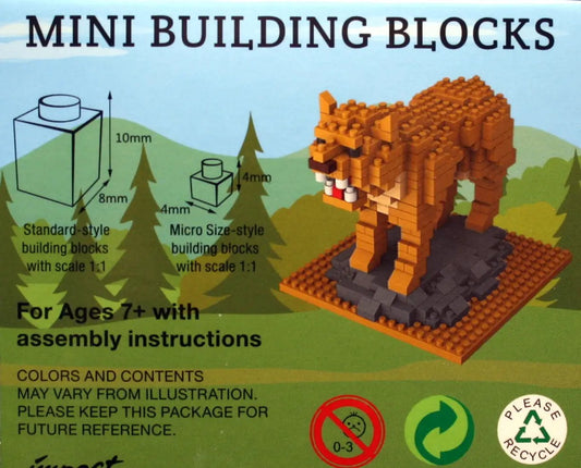 Mountain Lion Mini Building Blocks Set with orange lion brick model on a base and 1:1 scale on Tampa Home & Garden Store
