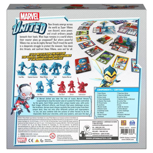 Marvel United cooperative strategy card game box with blue hero miniatures and hero cards on Tampa Home & Garden Store