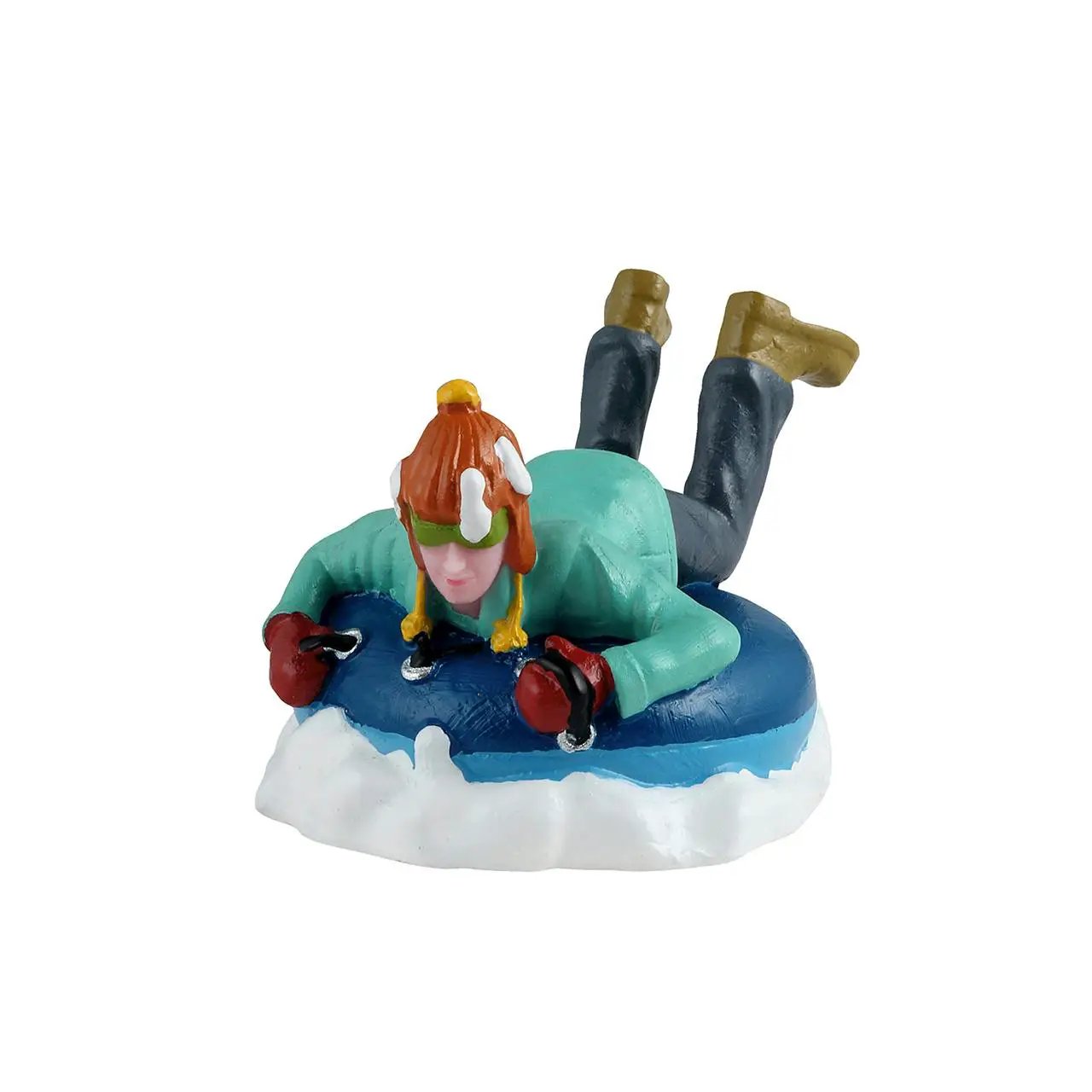 Snow Blind Sledding Figurine teal jacket, orange hair, yellow earmuffs on icy blue base on Tampa Home & Garden Store