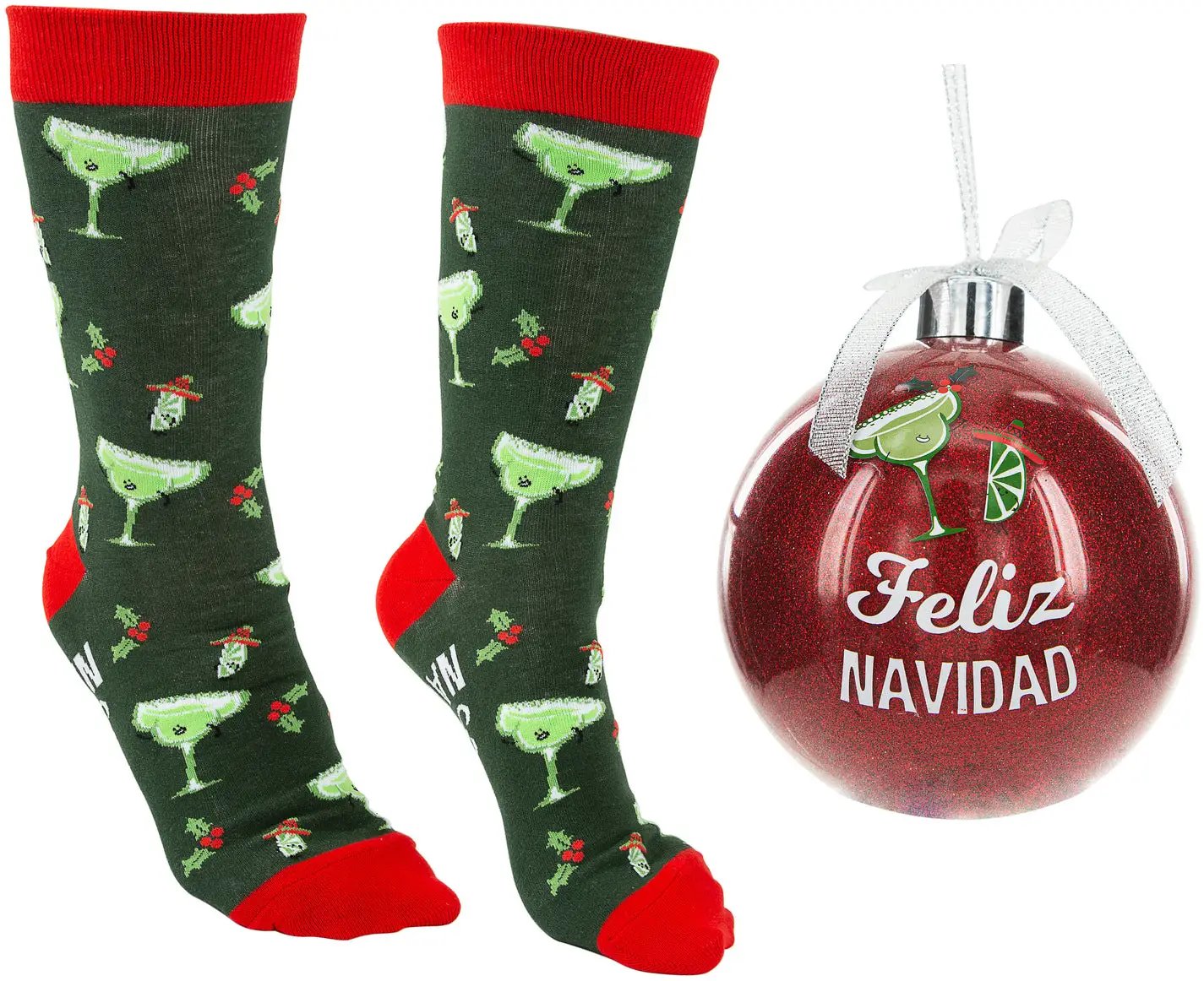 4 inch Feliz Navidad ornament with green margarita-motif socks pair, red toes on Tampa Home & Garden Store