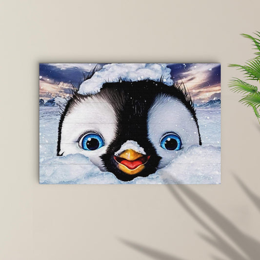Penguin Peekaboo canvas wall art by Tailored Canvases with snowy backdrop and blue eyes on Tampa Home & Garden Store