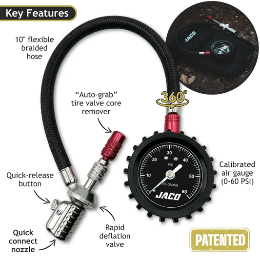 JACO Lightning RX4 Tire Deflator with Gauge, 0–60 PSI, 10in hose, auto-grab valve remover on Tampa Home & Garden Store