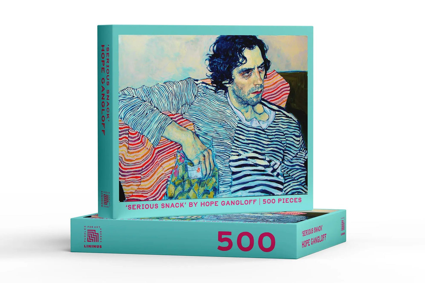 Serious Snack 500-piece puzzle by Hope Gangloff in turquoise box with striped shirt artwork Lininus Puzzles on Tampa Home & Garden Store