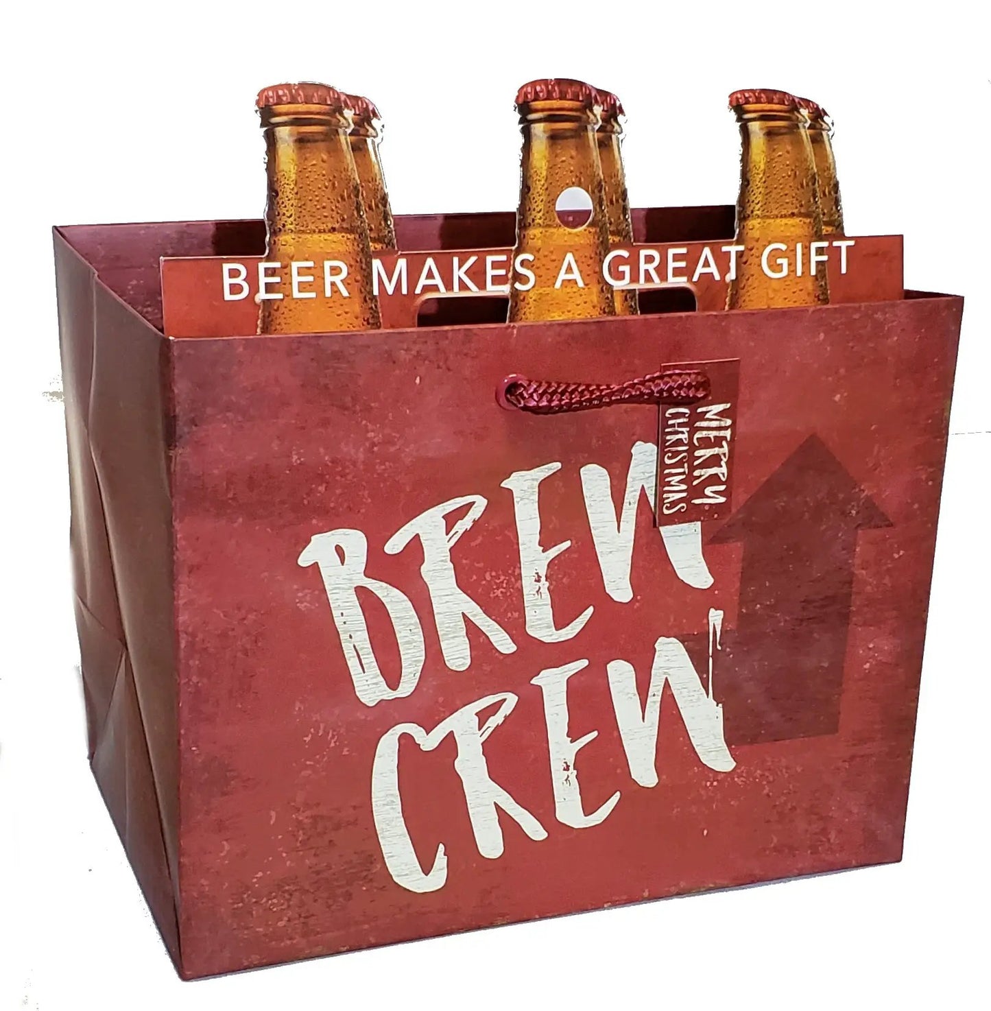 Heavyweight Gift Bag Brew Crew Team with beer bottles, red bag, Country Christmas Loft tag on Tampa Home & Garden Store