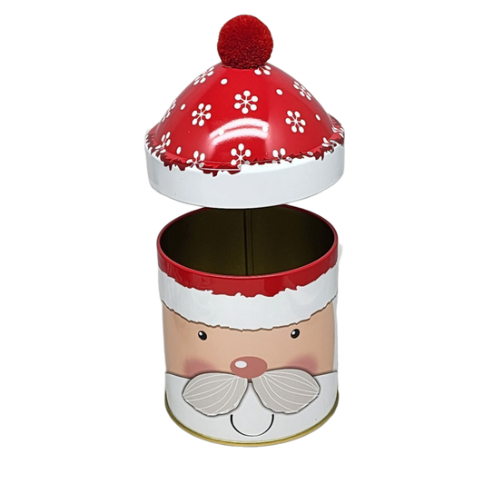 Gift tin Santa Claus with pom pom hat, red lid decorated with white snowflakes on Tampa Home & Garden Store