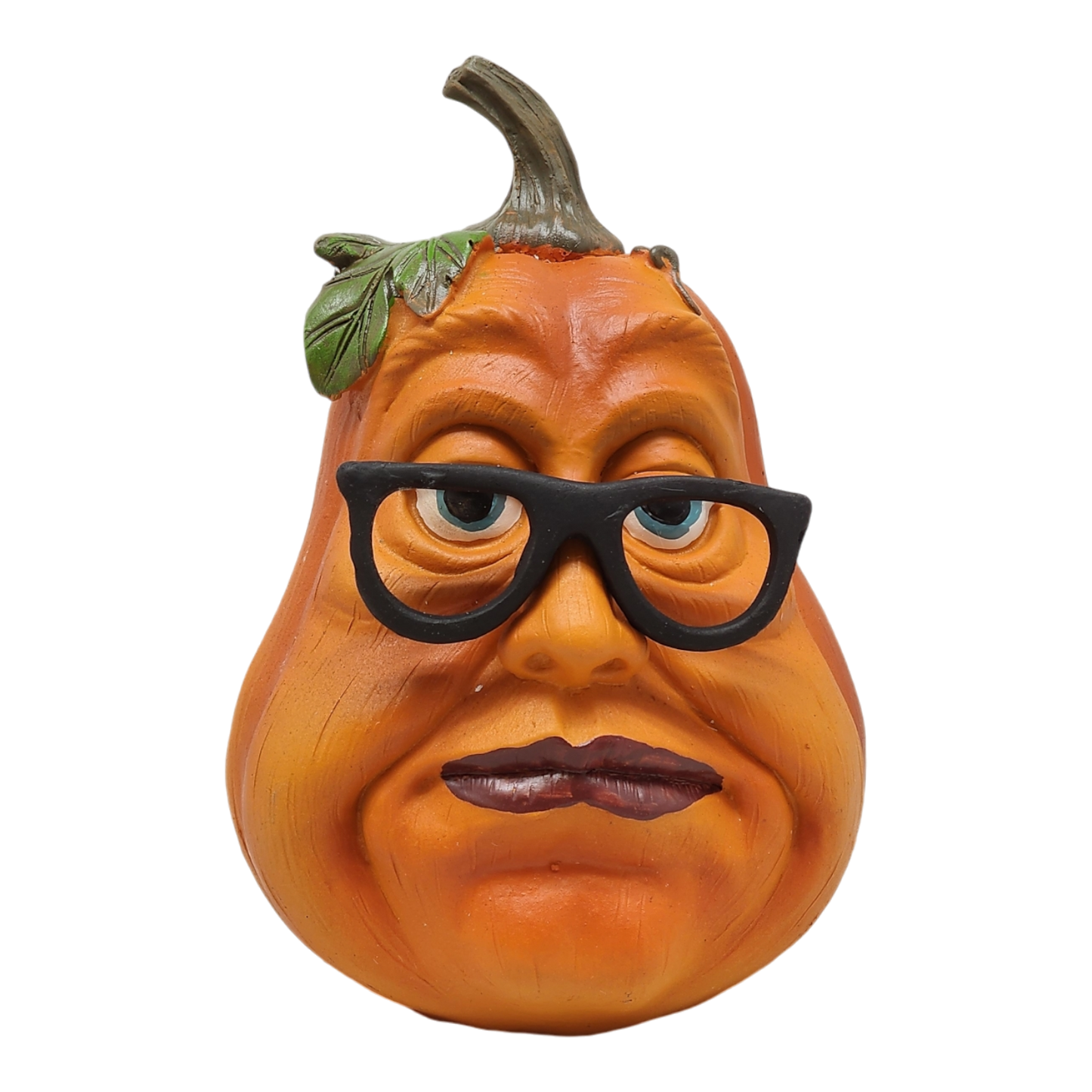 Tabletop pumpkin figurine with black glasses, orange body, green leaf and brown stem on Tampa Home & Garden Store