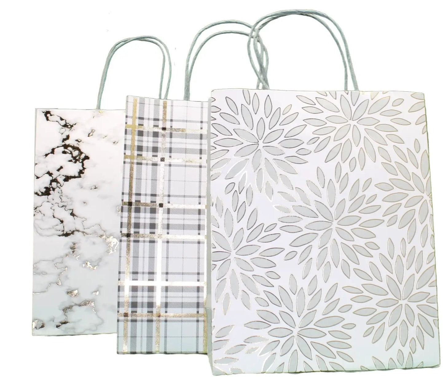 Medium Kraft Gift Bags 3 Pack featuring marble, plaid, and leaf prints on Tampa Home & Garden Store