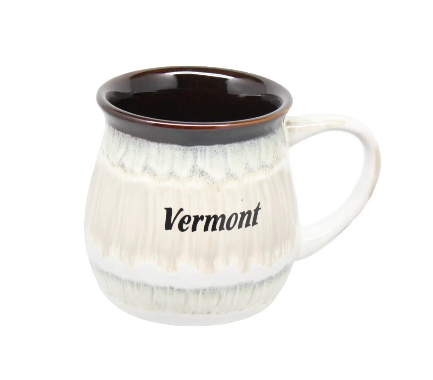 Drip glaze two-tone stoneware mug with brown rim and Vermont inscription on Tampa Home & Garden Store
