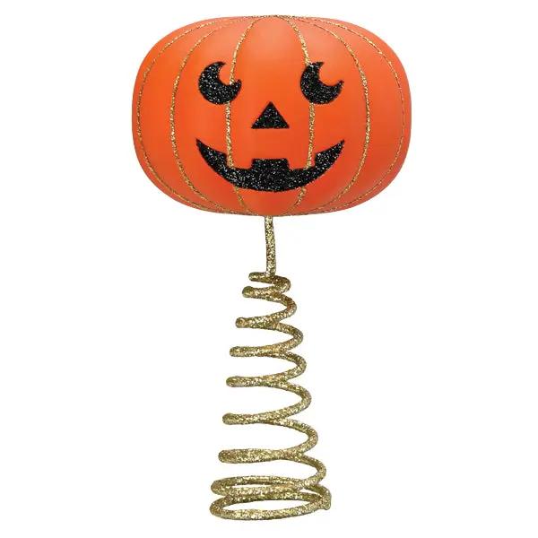 Mini Pumpkin Head Tree Topper with orange pumpkin, black glitter, and gold glitter spiral stem on Tampa Home & Garden Store