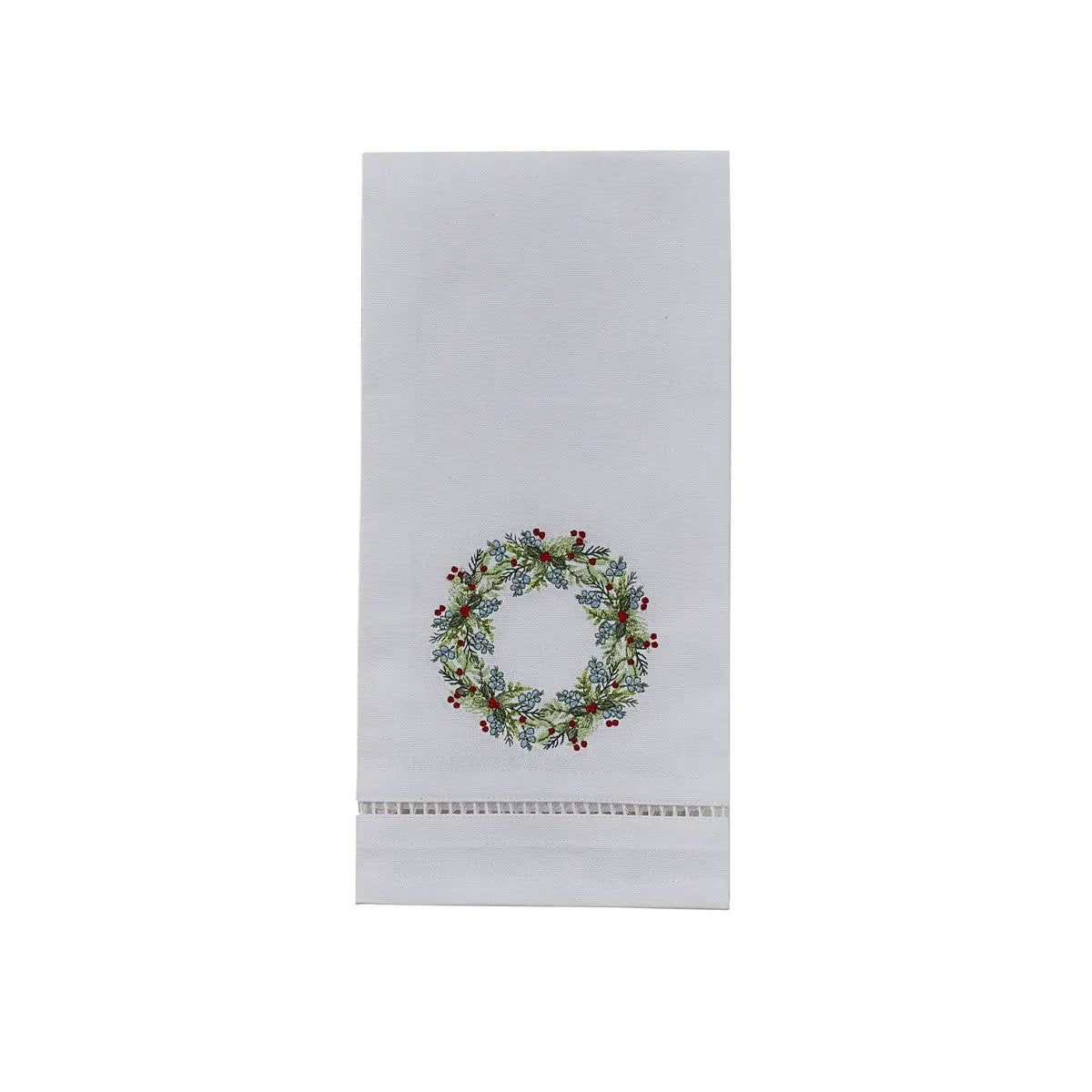 Winter wreath embroidered dish towel with green and red berries by The Country Christmas Loft on Tampa Home & Garden Store