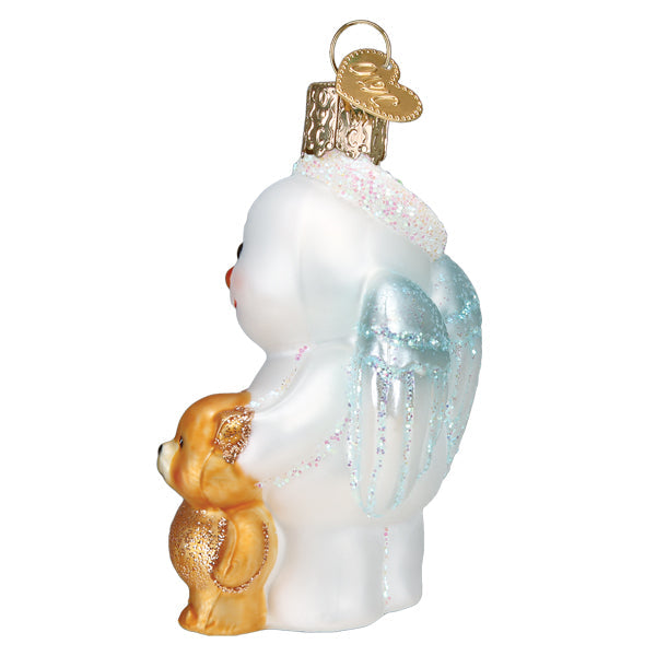 Baby Snow Angel Ornament with Bear Friend, 2pc white angel with glitter wings and golden bear on Tampa Home & Garden Store