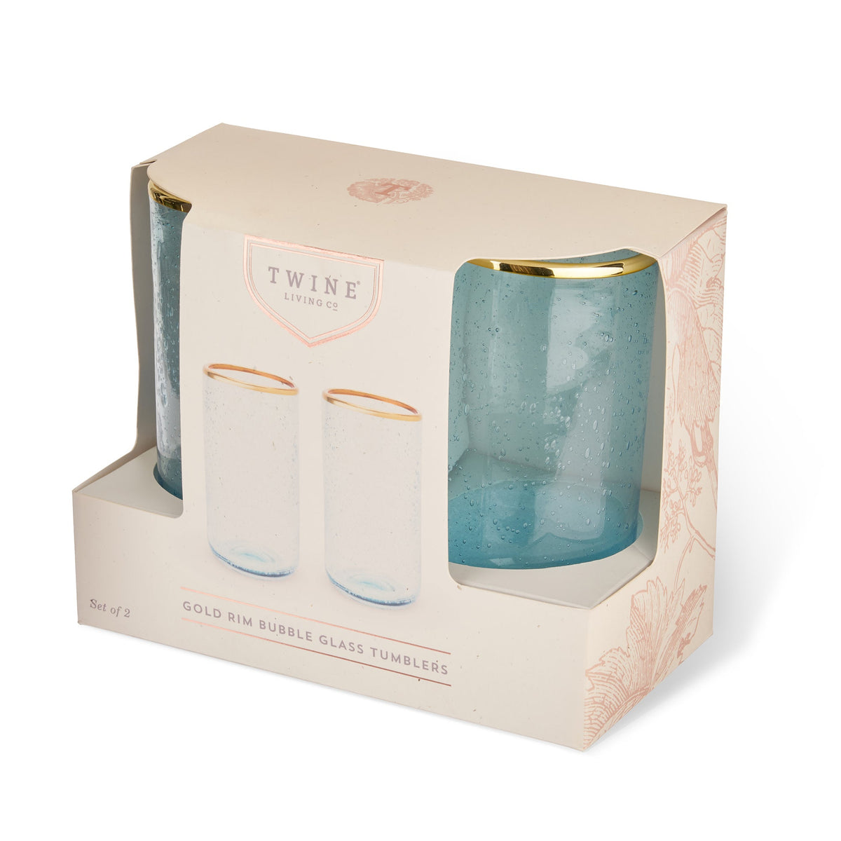 Aqua Bubble Glass Tumblers set of 2 in blue bubble glass with gold rims by Twine Living Co on Tampa Home & Garden Store