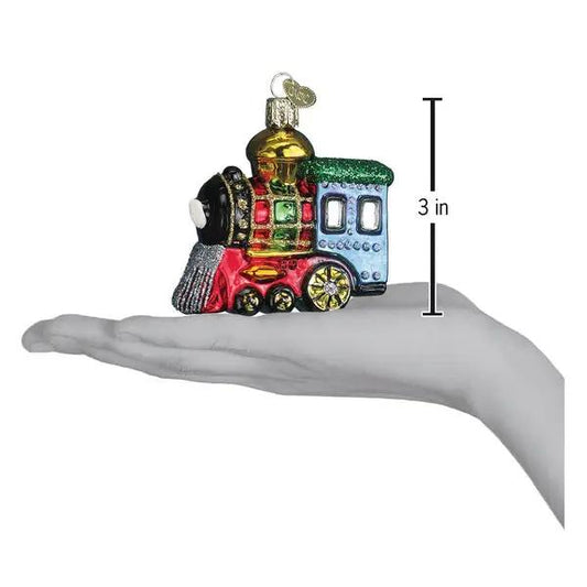 Small Locomotive Glass Ornament multicolor train with blue cab and red boiler on Tampa Home & Garden Store