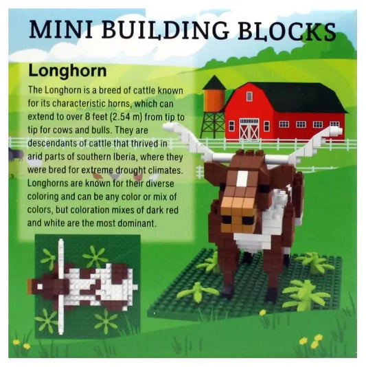 Mini Building Blocks Longhorn construction kit with brown and white cow on a green base on Tampa Home & Garden Store