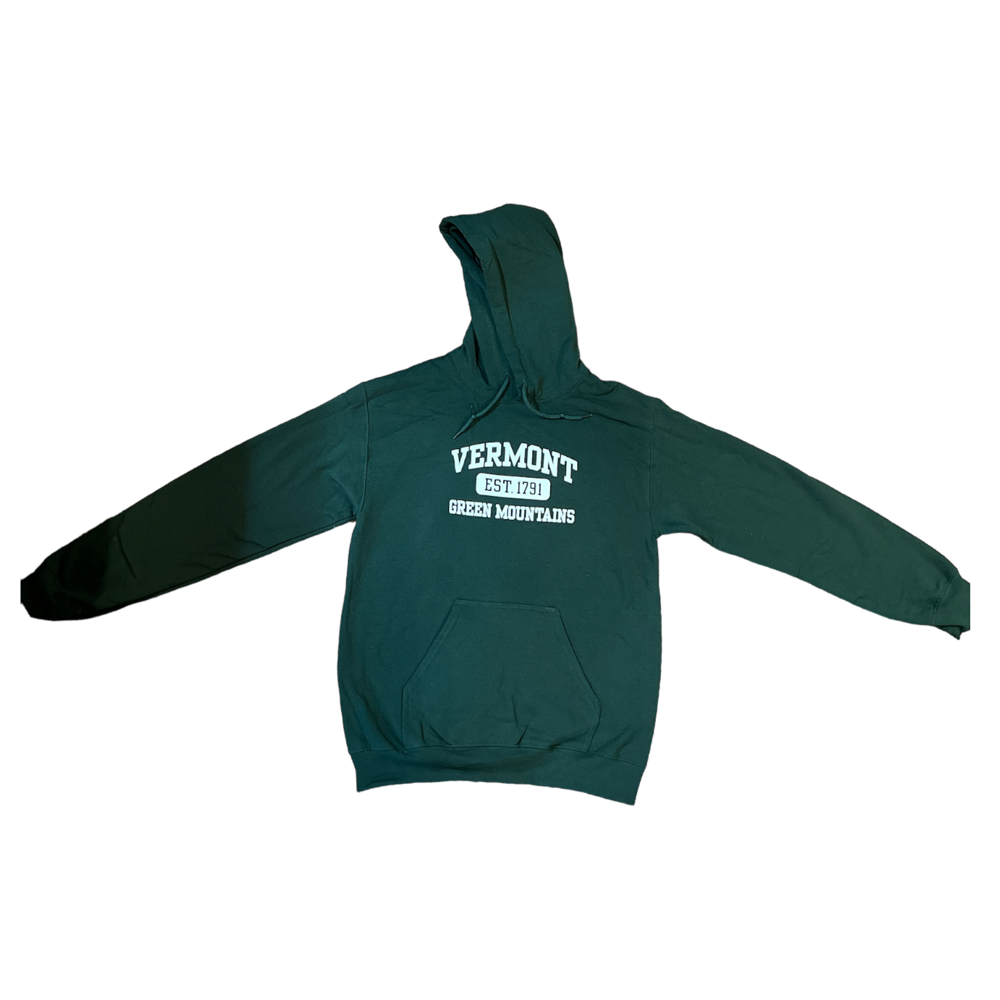 Vermont Est 1791 Green Mountain Hoodie forest green sweatshirt with hood and front pocket on Tampa Home & Garden Store