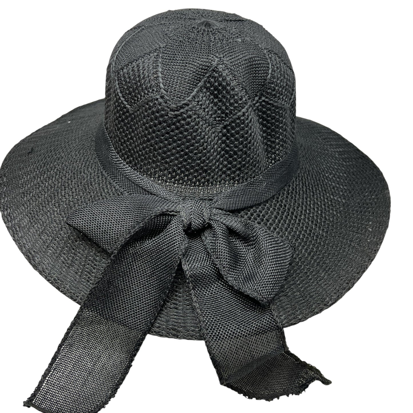 Burlap Ribbon Chiffon Crochet Woven Derby Sun Hat -Black