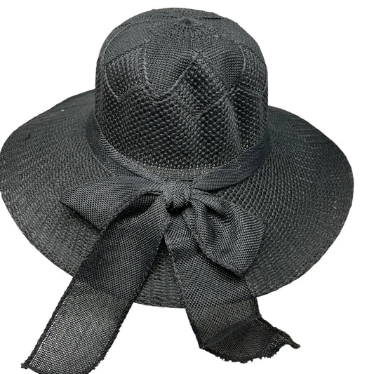 Black burlap ribbon derby sun hat with crochet crown and woven texture on Tampa Home & Garden Store