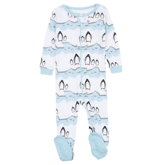 Kids footed cotton penguin striped pajamas zip-front with penguin print on Tampa Home & Garden Store