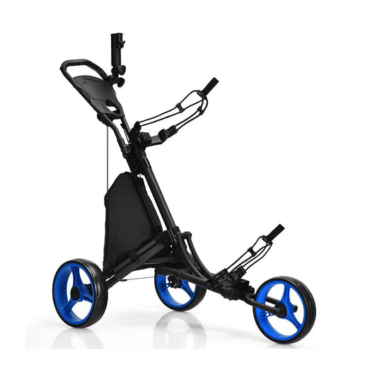 Folding 3-Wheel Golf Push Cart black frame with blue wheels and scoreboard on Tampa Home & Garden Store