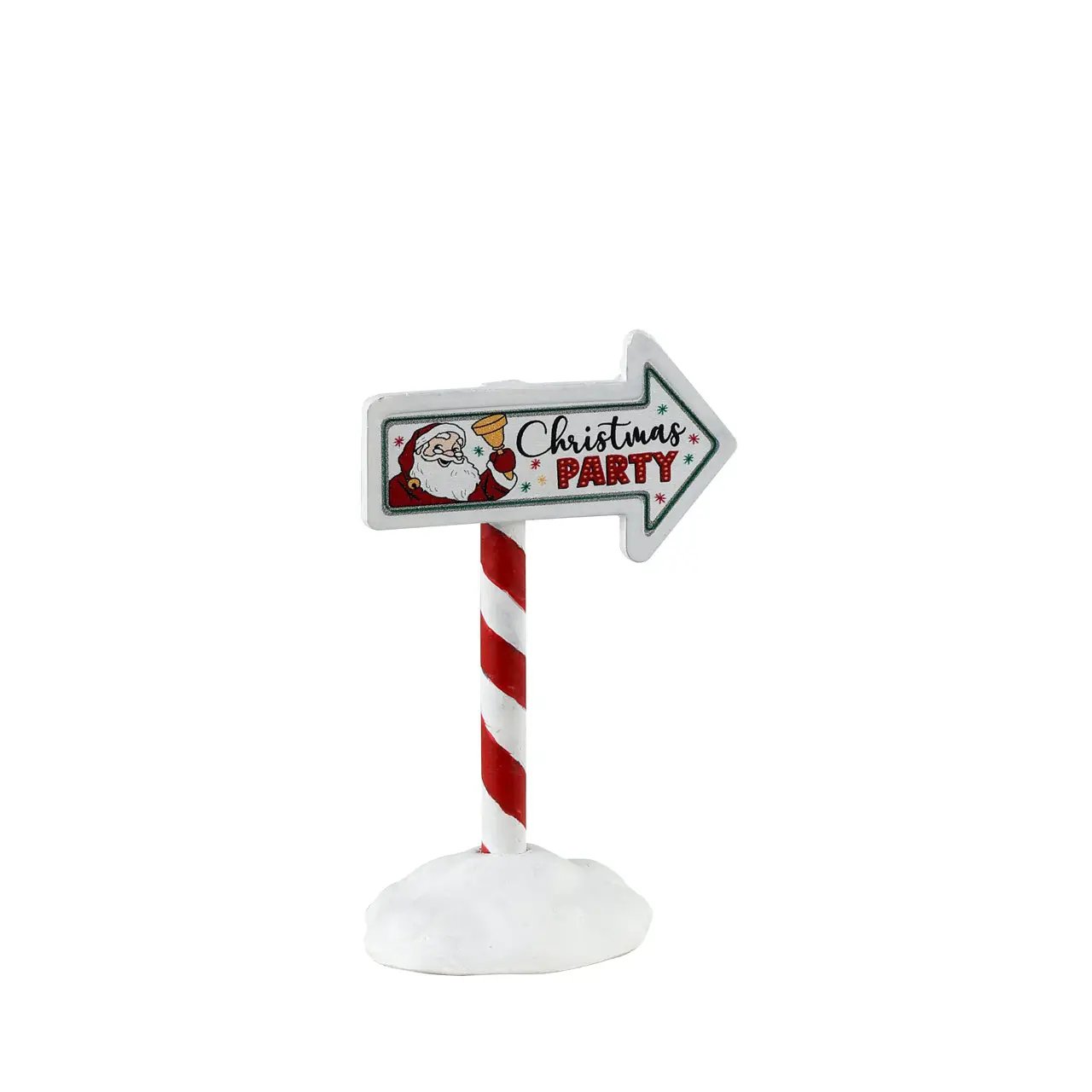 Christmas Party Sign arrow for Holiday Village Santa on striped red-and-white post with snow base on Tampa Home & Garden Store
