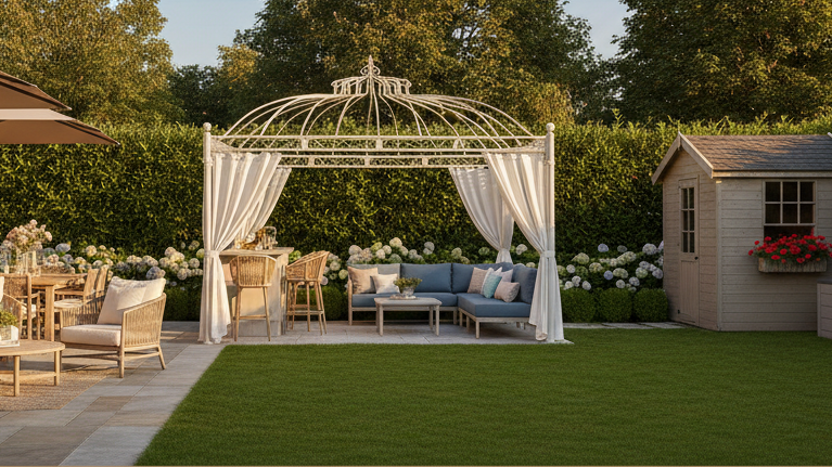 A beautifully styled outdoor backyard and patio scene featuring a white metal gazebo with white drapes, a wicker patio lounge set under a large beige umbrella, and a small storage shed.