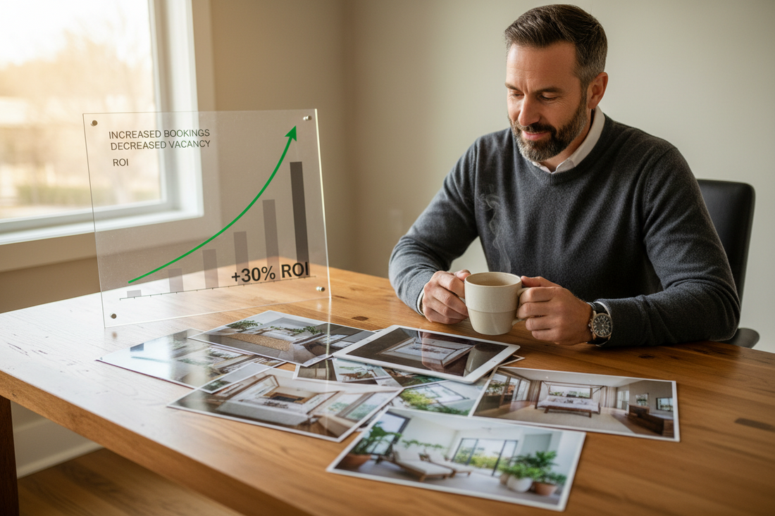 A landlord is reviewing his vacation rental portfolio that have new furniture and sees his increased booking and ROI on a chart, Tampa Home & Garden Store.