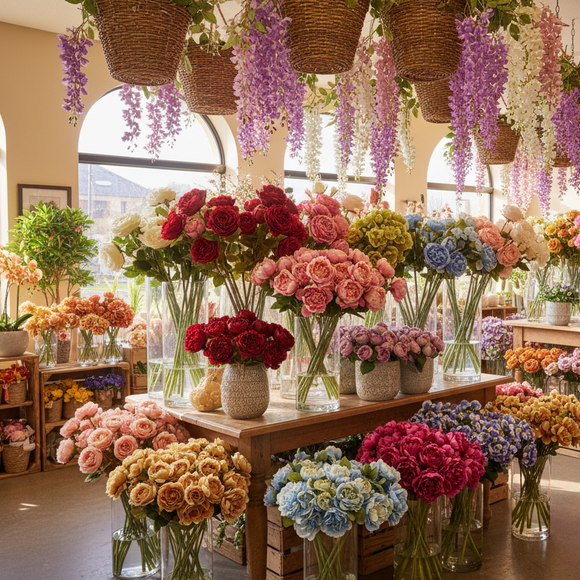 A beautifully decorated artificial flower shop interior with numerous colorful bouquets of roses, peonies, and other flowers displayed on tables and hanging baskets