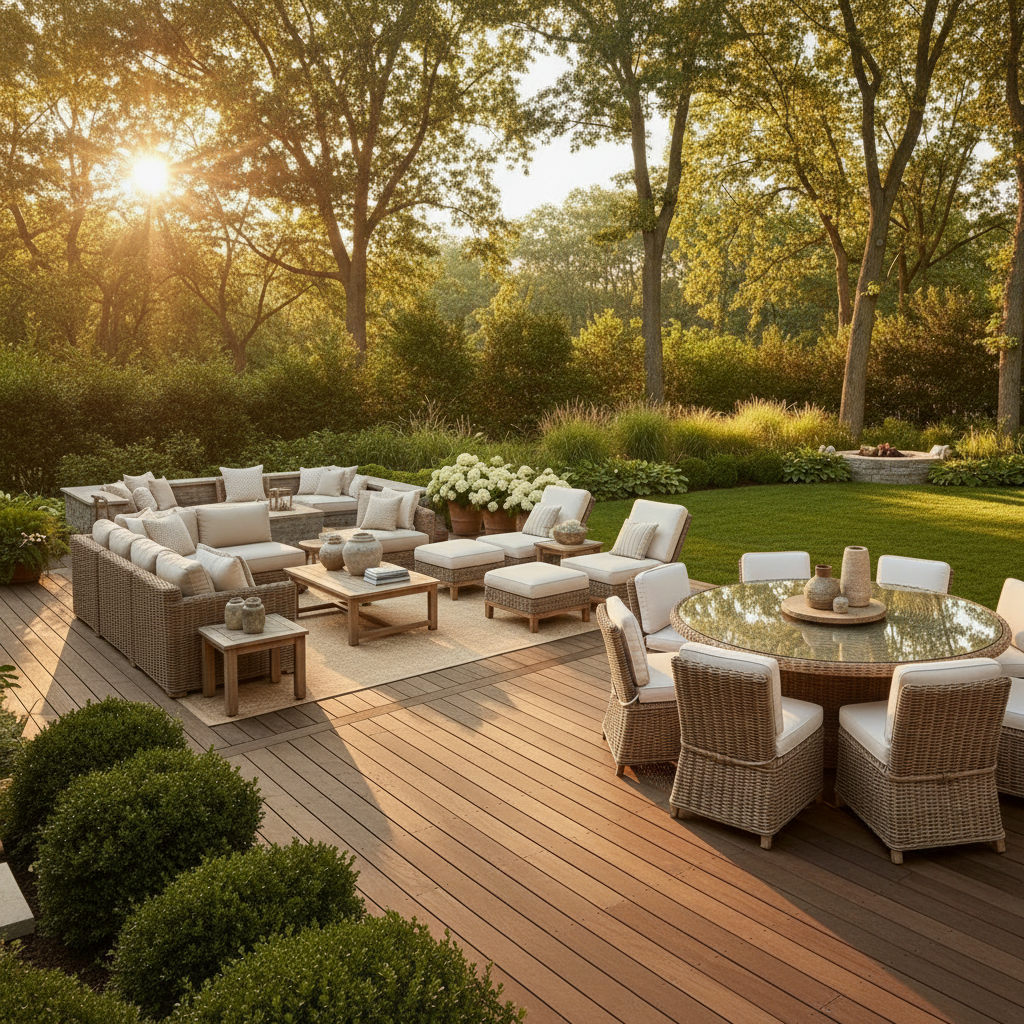 Outdoor patio furniture set arranged on a wooden deck in a landscaped garden at sunset, including a sectional sofa, matching ottomans, a round glass-top dining table with wicker chairs, and potted hydrangeas.