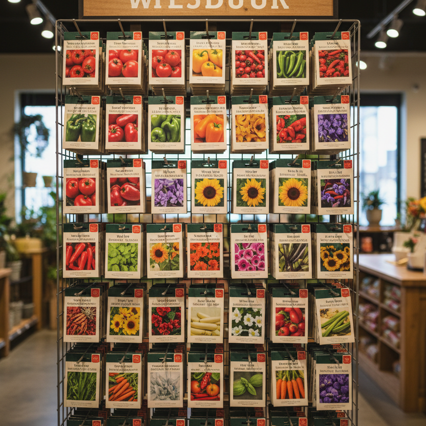 A metal shelving unit displaying a grid of colorful seed packet cards in a bright indoor nursery or garden center aisle.