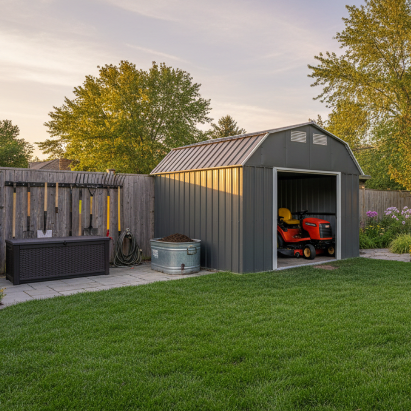 A gray metal garden shed with an open door in a landscaped backyard, with a red riding lawn mower inside.