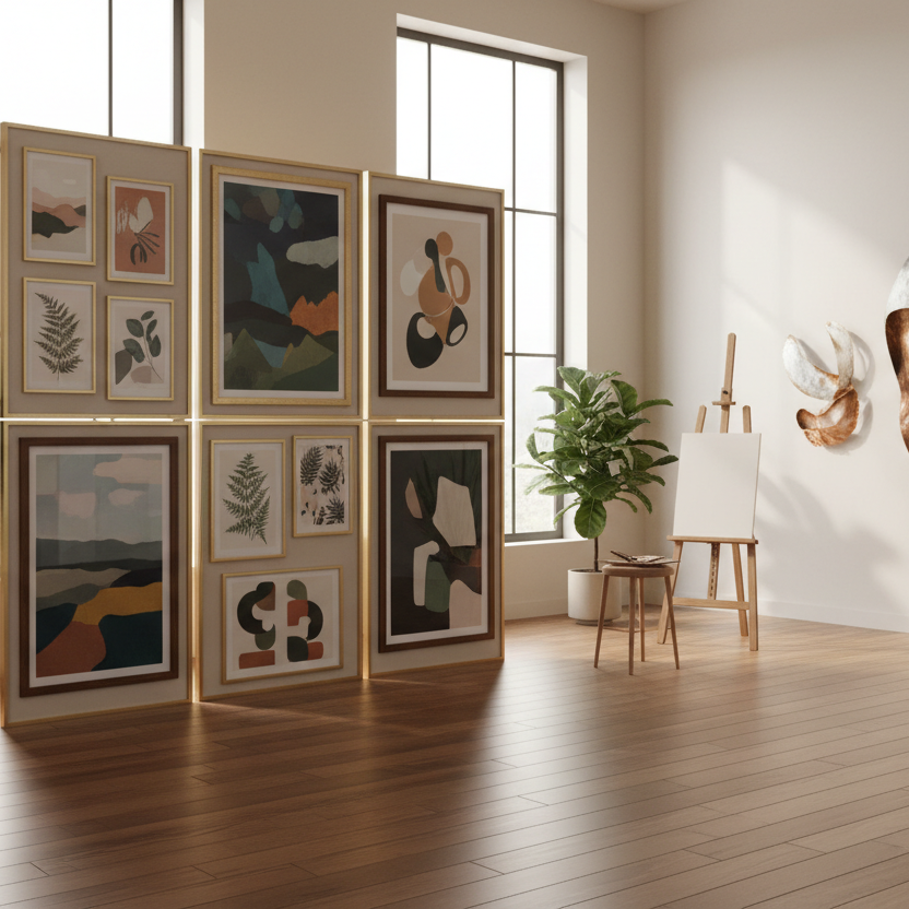 Metal wall art, prints and canvases displayed in a studio on Tampa Home & Garden Store.