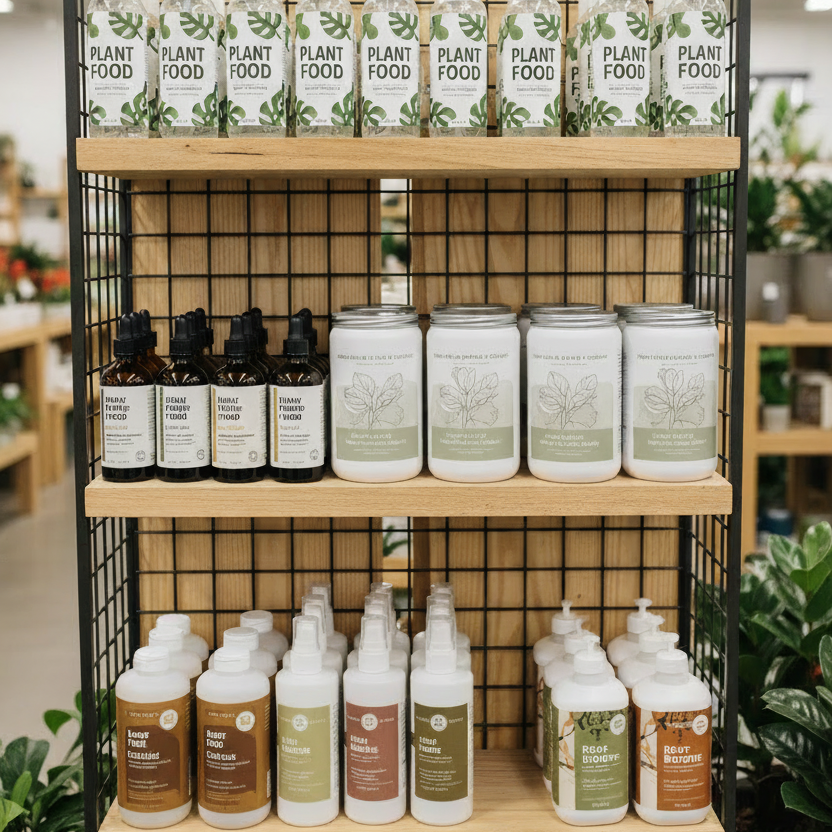 Shelving unit with wooden shelves displays various Plant Food and Plant Based Food care products, including bottles, jars, and cans, inside a retail store.