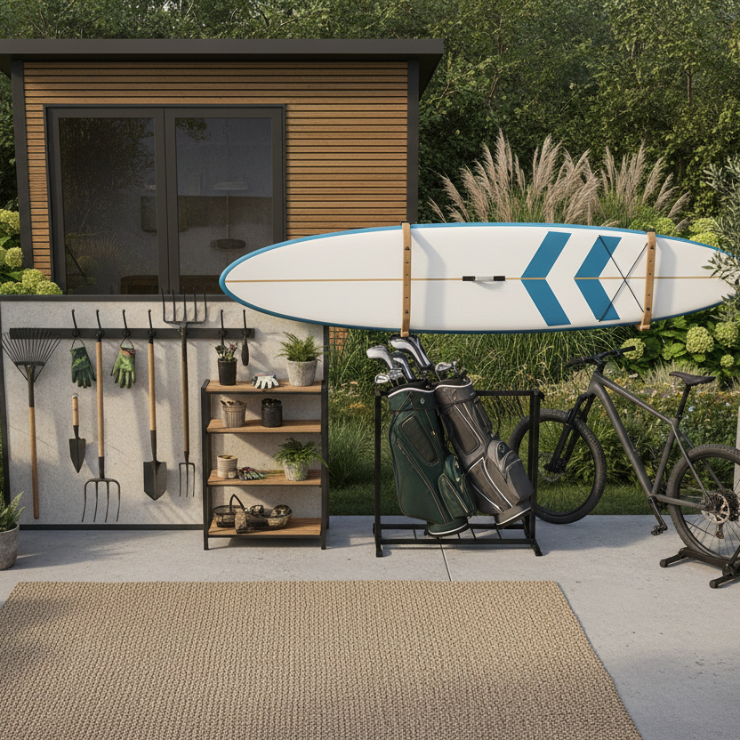 a paddleboard mounted on a wall rack, golf clubs in a stand, a bicycle, and gardening tools on a white tool wall.