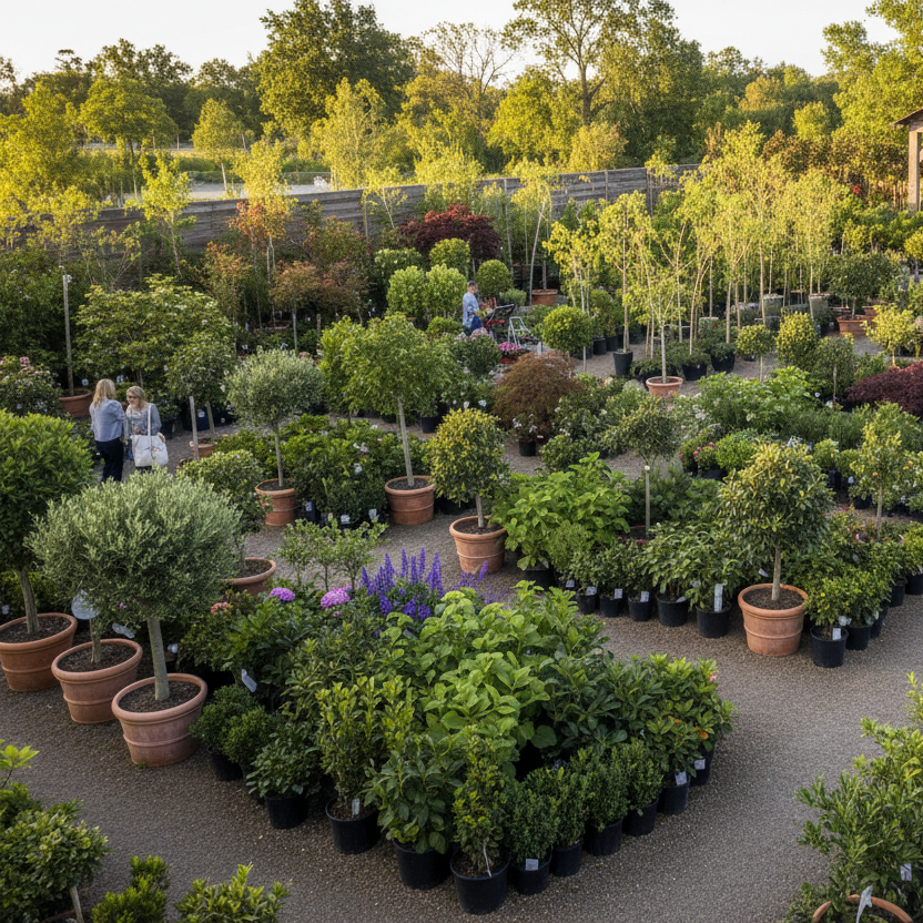 A wide outdoor view of a nursery or plant market with rows of potted shrubs, trees, and flowers arranged on a paved lot.