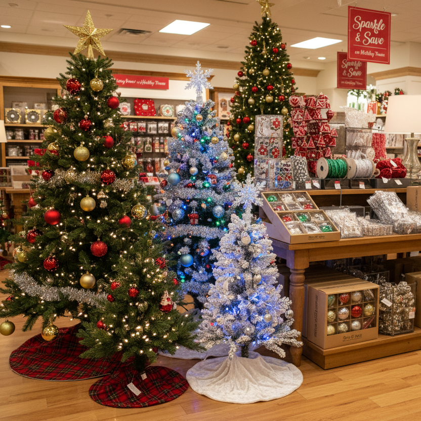 store display featuring several decorated Christmas trees, including a large green tree with red and gold ornaments, a smaller blue-lit tree, and a white frosted tree, alongside gift boxes and shoppers