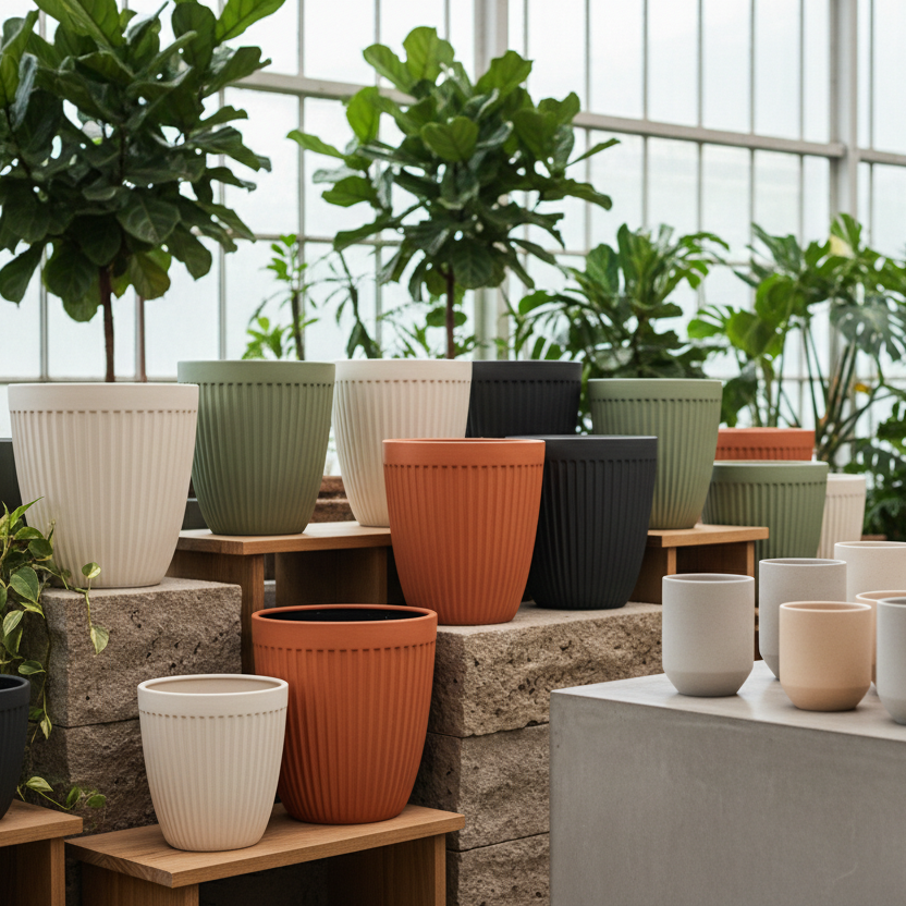 A collection of modern ceramic plant pots and matching planters displayed on wooden shelves and a concrete table inside a bright, sunlit greenhouse or studio with large windows 