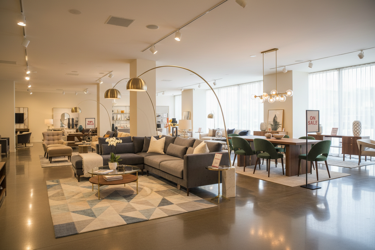 On sale furniture display of sofas, accent tables, dining sets and lighting on Tampa Home & Garden Store.