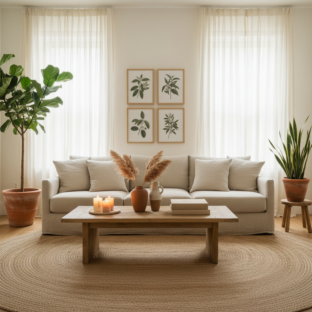 Home decor and couch that's on sale now, shown in living room setting.
