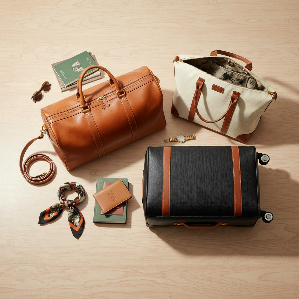 Three travel bags and matching accessories on a white background: a large tan leather duffel bag, a cream canvas duffel bag with brown leather handles, and a black hard-shell suitcase with brown leather side stripes.