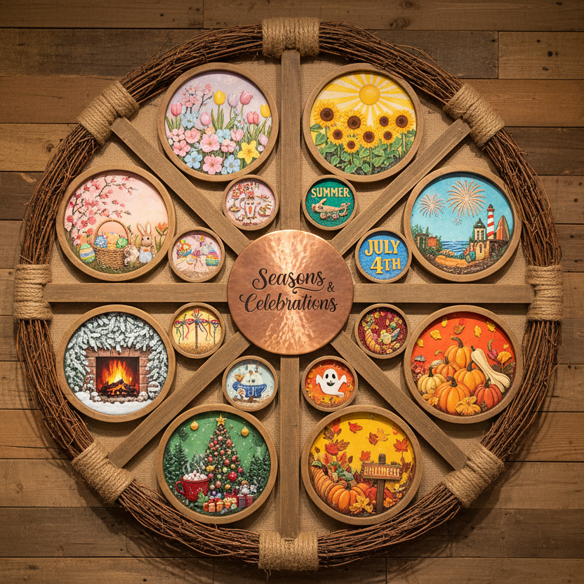 A circular decorative wreath made of woven grapevine holding twelve small illustrated wooden plaques representing seasonal and holiday times of the year.