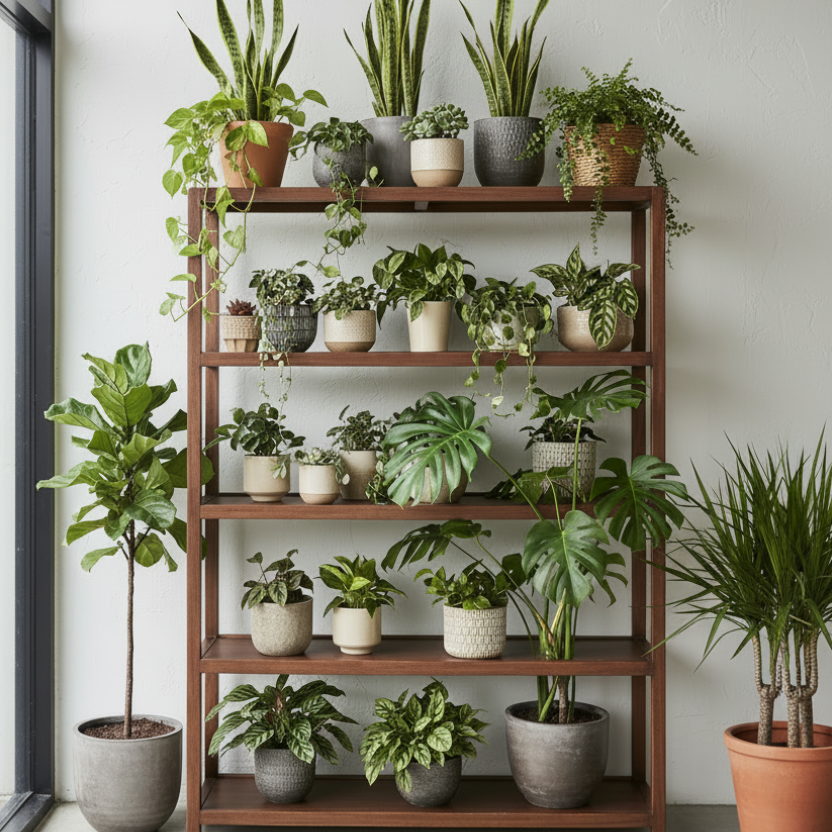 A tall wooden five-shelf plant stand filled with various green houseplants in different pots, set against a plain light gray wall next to a window.