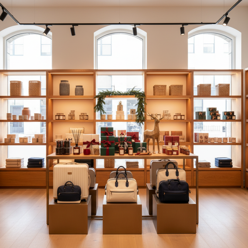 A bright, modern retail interior with wooden shelving, arched windows, and several handbags displayed on pedestal stands in the center of the store.