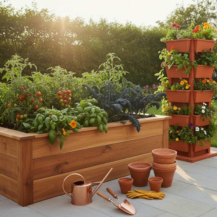 Garden scene with raised bed, vertical planter, and gardening pots on a patio.